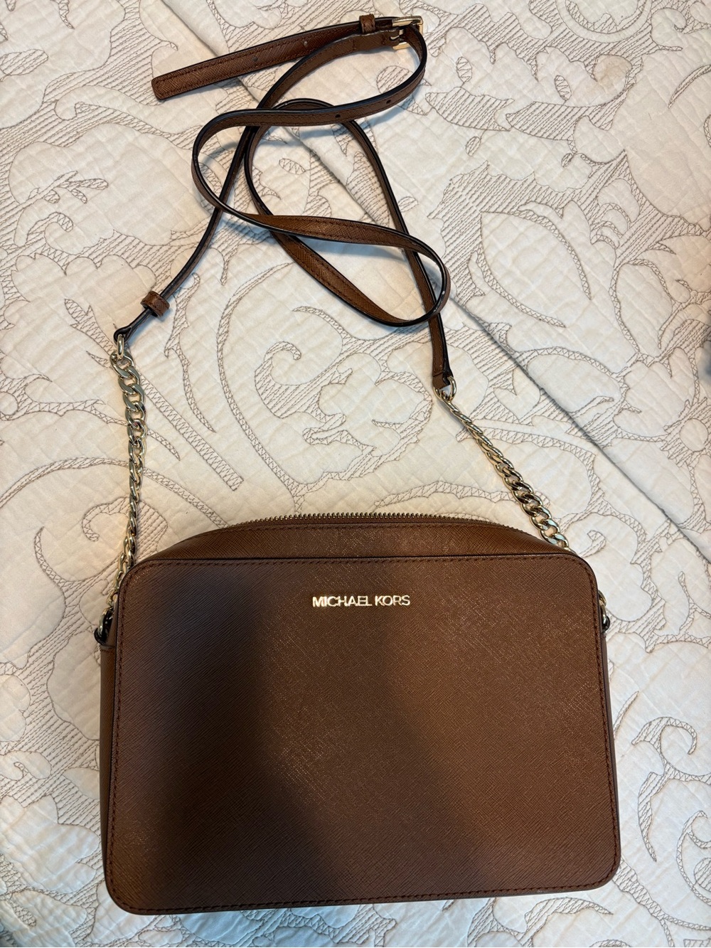 Michael Kors Brown Leather Crossbody Camera Bag with Gold Hardware